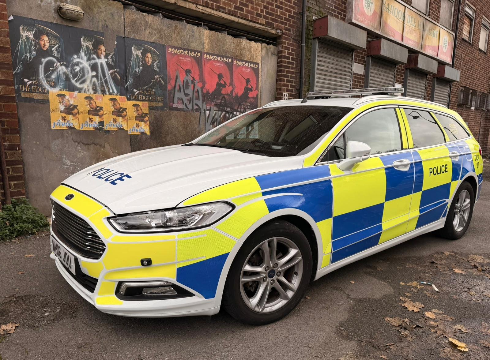 A liveried police picture vehicle prepared and positioned for a London production